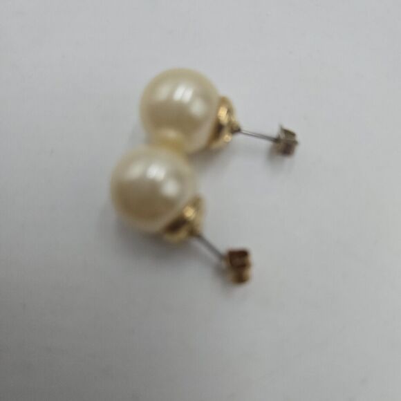 Vintage Signed Kenneth Jay Lane KJL Large Faux Pearl Studs Earrings Gold Tone - Picture 2 of 4